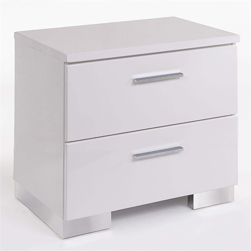 Table de chevet élégante et moderne à 2 tiroirs avec finition ultrabrillante et glissières en métal lisse, parfaite pour les chambres contemporaines.
