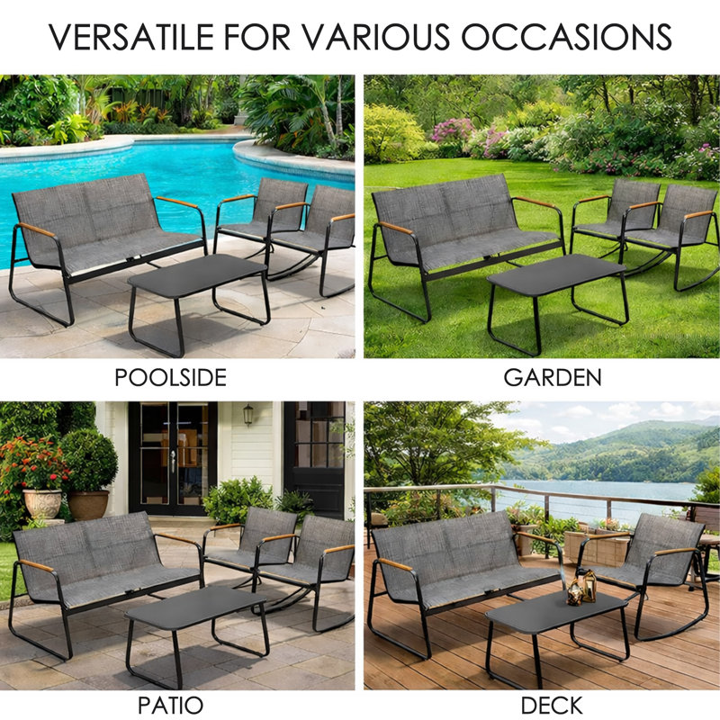 Ensemble de mobilier d'extérieur 4 pièces avec chaises en textilène Kozyard, ensemble de conversation en métal, table basse en verre trempé, structure en acier thermolaqué pour jardin, bord de piscine, arrière-cour grise