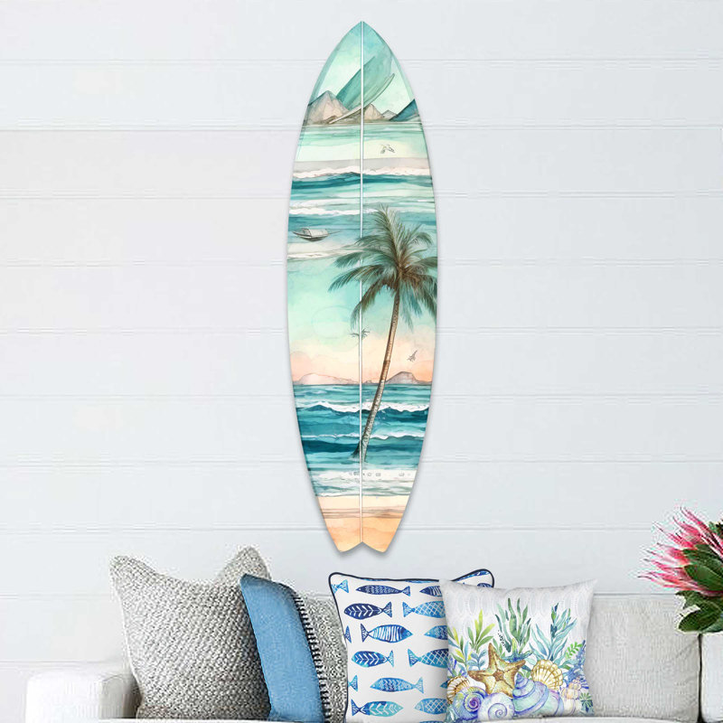 Small Tropical Palm Surfboard Coastal Wall Art in Birchwood