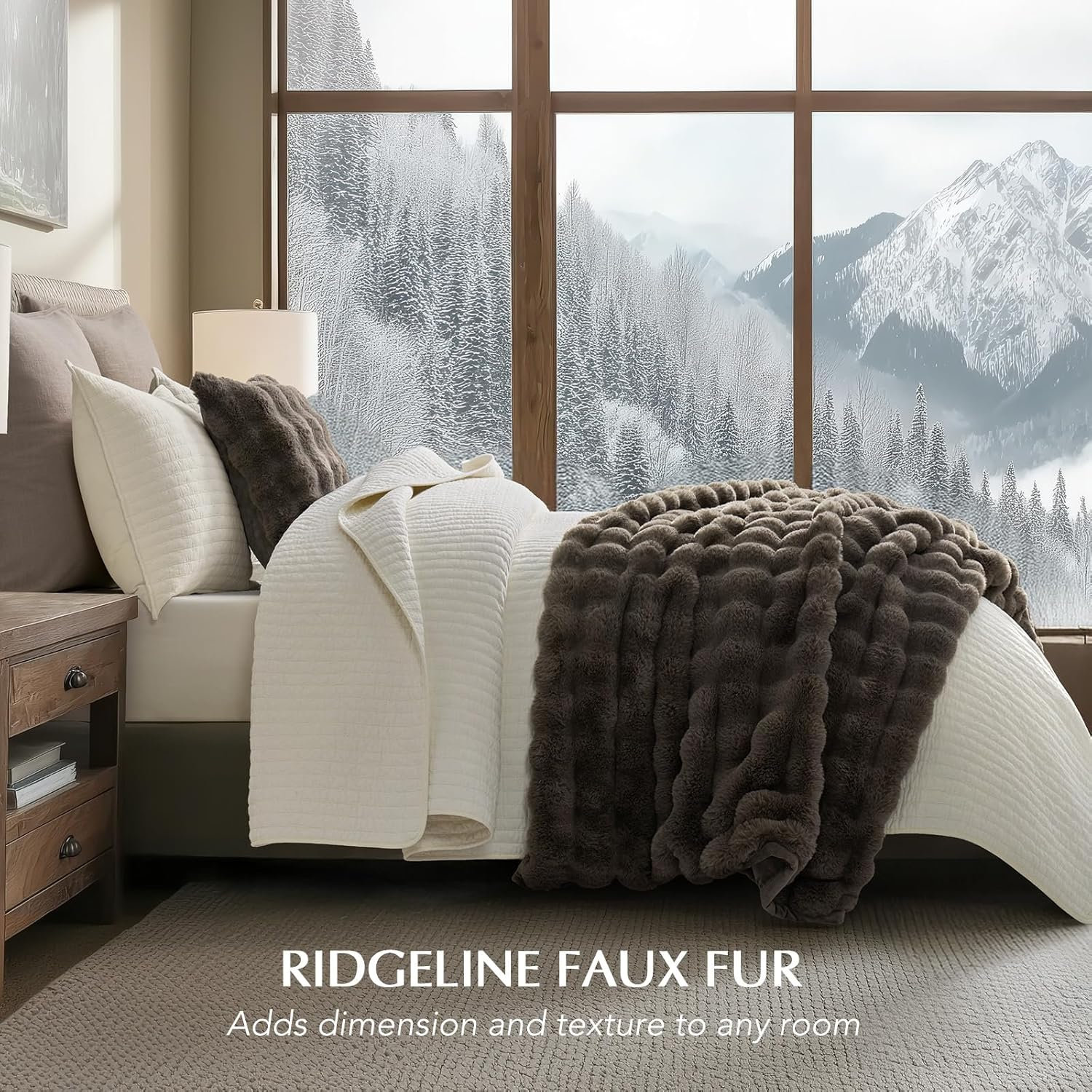Ridgeline Faux Fur Throw Blanket, Dark Taupe, 90" L x 90" W
