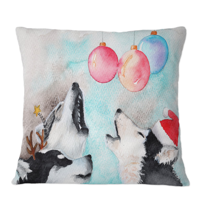 Trois drôles de chiens Husky mignons en chapeaux de Noël - Coussin décoratif imprimé traditionnel, 18 po x 18 po