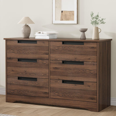 Commode 6 tiroirs avec poignées intégrées - Commode en bois pour chambre à coucher, salon, couloir, noyer