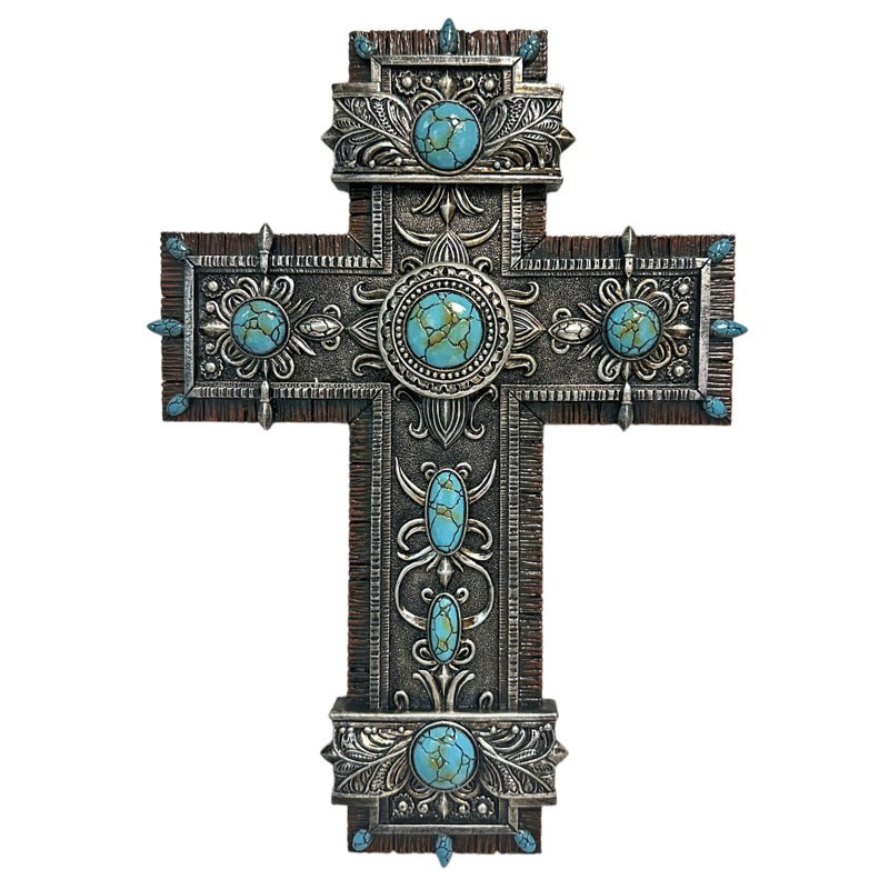 Polyresin Antique Frame Cross & Turquoise Round Dot Stones Religious Hanging Wall Cross Décor