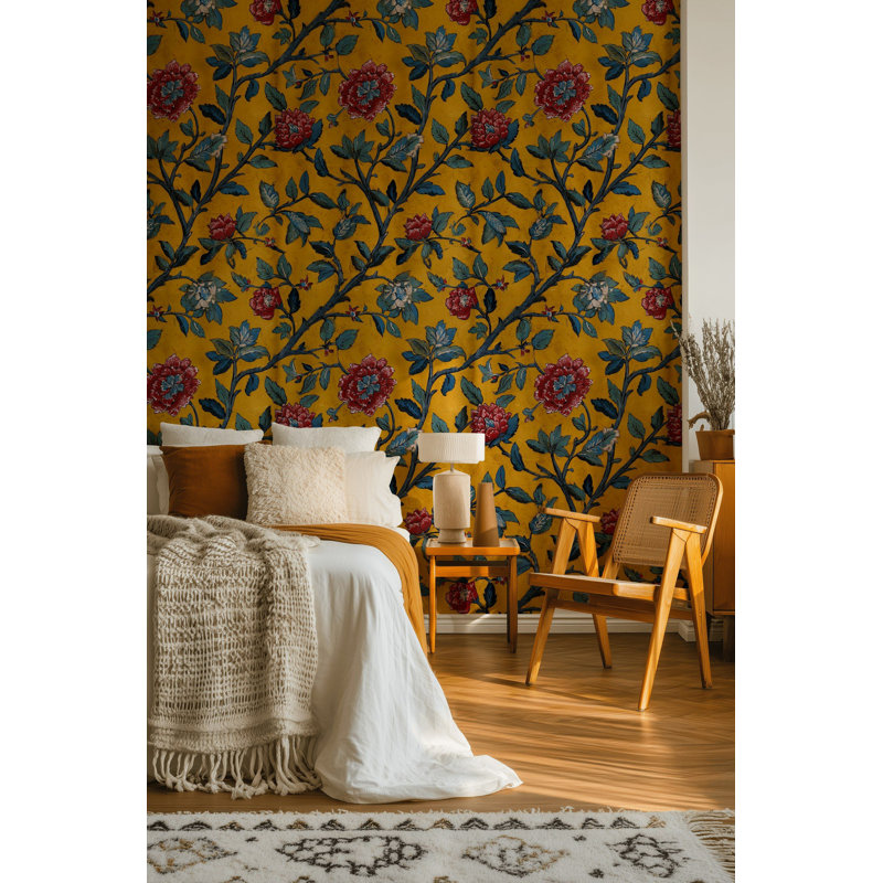 Papier peint floral jaune Botanical