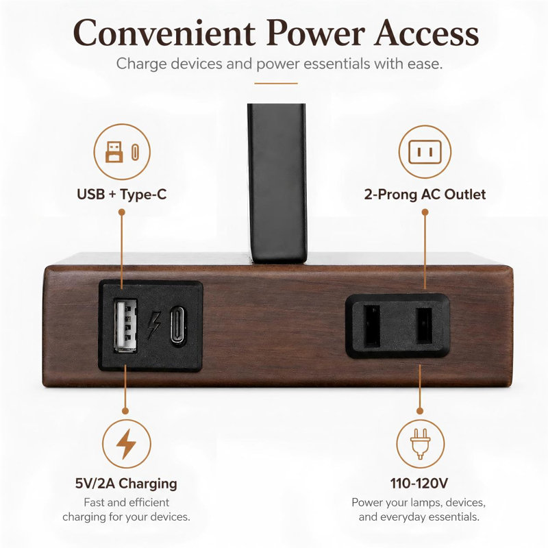 Rogina 28.5" Metal Table Lamp Set with USB Type-C Ports and Built-in Outlet, Brown, Beige