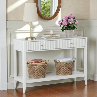 Entryway Console Table With Two Drawers, Mid-century Modern Sofa Table Behind The Couch With Solid Wood Legs