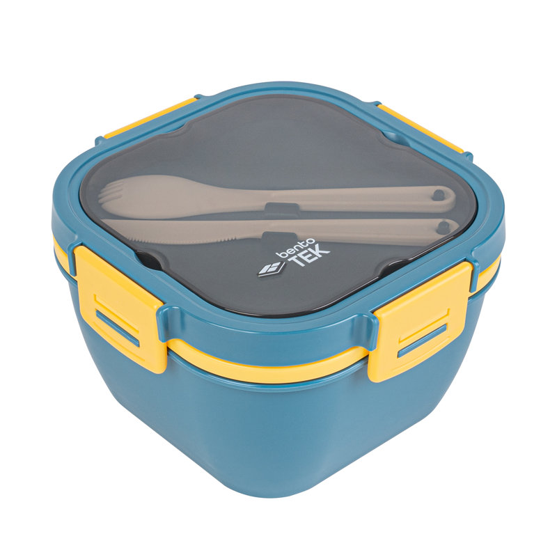 Boîte à bento 57,5 onces, 1 contenant réutilisable pour le déjeuner - avec fourchette et couteau, ne contient pas de BPA, boîte à lunch réutilisable en plastique bleu et jaune, micro-ondes, lavable au lave-vaisselle