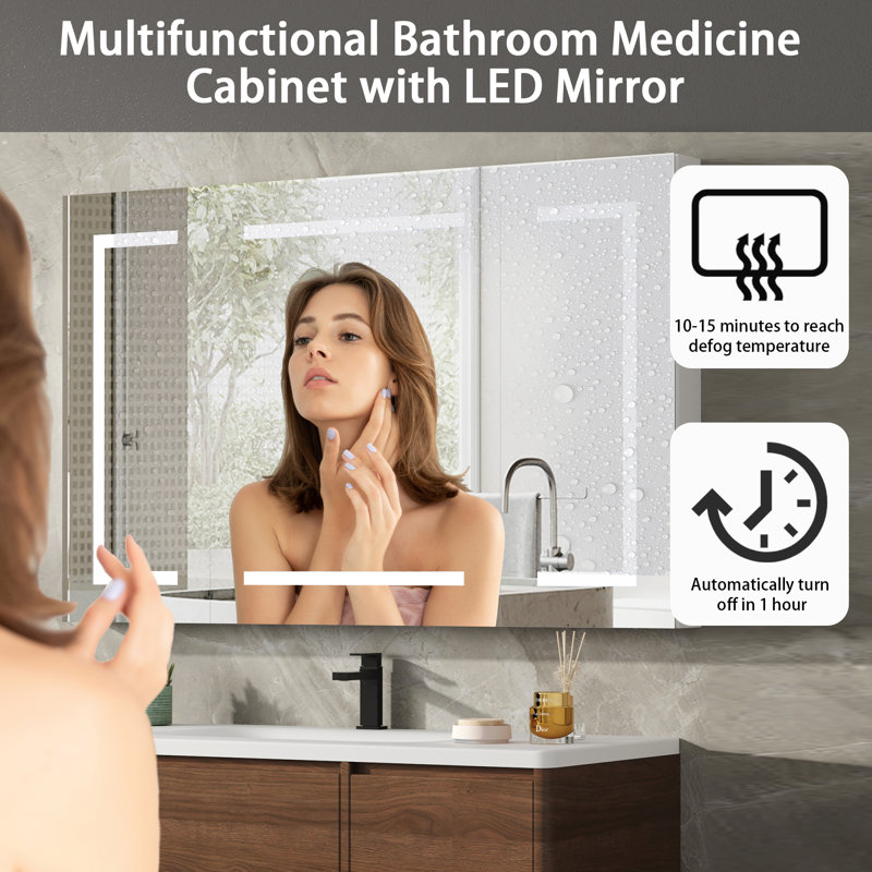 Kyante  Aluminum  Medicine Cabinet with LED Mirror for Bathroom,  Wall Mounted Surface led Medicine Cabinet, Defog, Stepless Dimming, 3 Color Change, 2 Outlets, 2USB