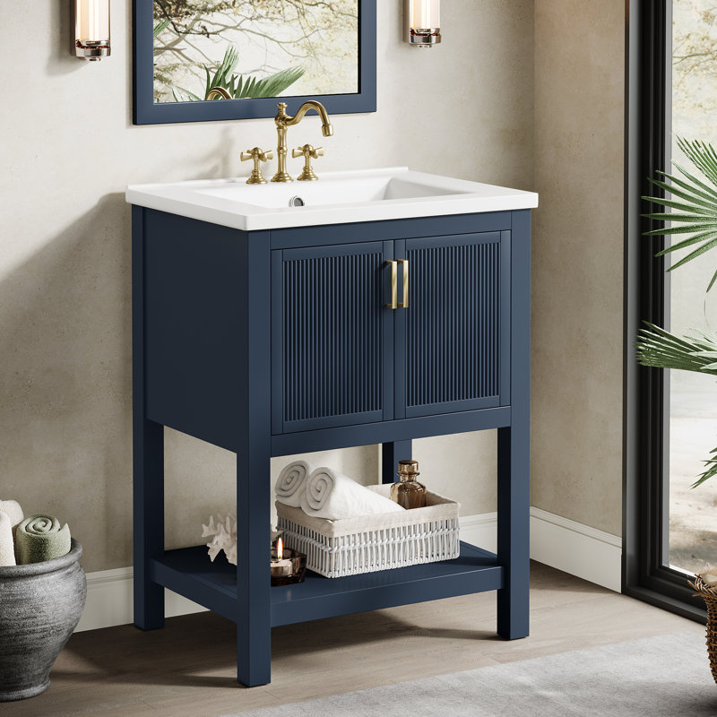 24''  Single Bathroom Vanity With Ceramic Top, Solid Wood Frame Freestanding Vanity with Door Organizer, Blue/Gold, 2, 24"