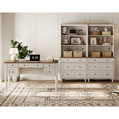 2 - Piece Office Set, 56" Executive Desk & Set Of 2 Bookcases With Drawers, Rustic White