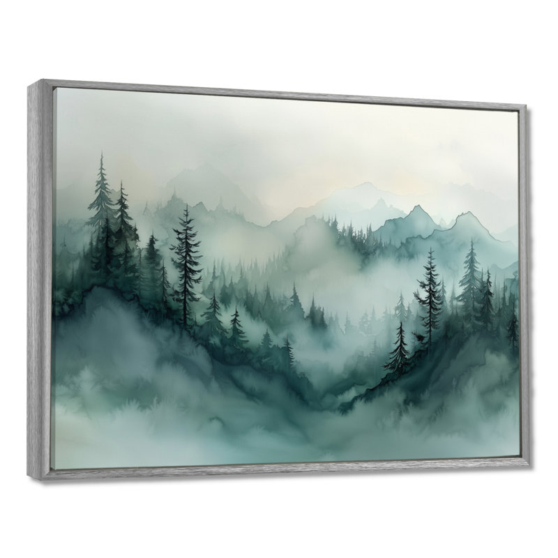Fading Light Gradient Forest Landscape II - montagnes, art mural, H 24 po x l 32 po, Picture Framed, Argent argent
