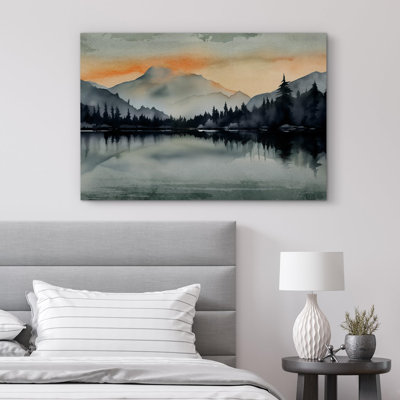 Paysage de forêt Woodland «Crimson Twilight Sunrise Mountain Lake» sur