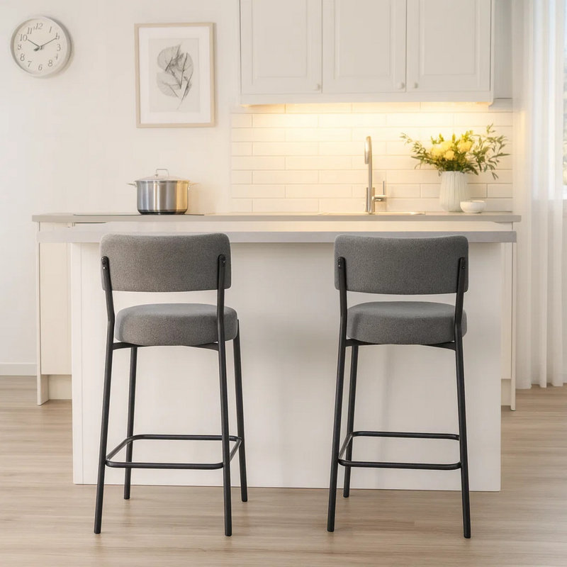 Ensemble de 2 chaises à hauteur de comptoir Bery, tissu gris, métal noir, Noir