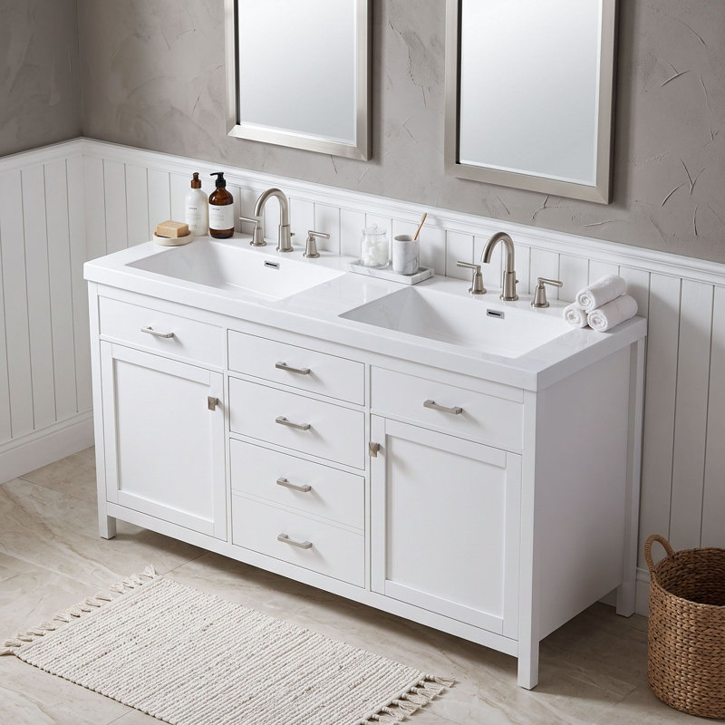 Meuble-lavabo double avec tiroirs et tablette réglable
