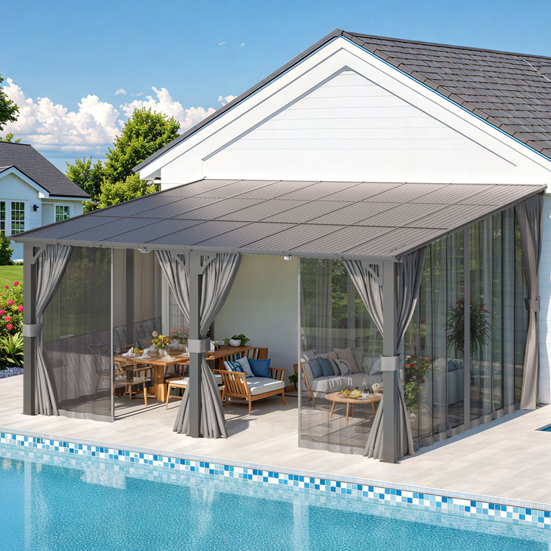 Lean-To Wall-Mounted Pergolas With Curtains And Netting, 96" H x 192" W x 144" D