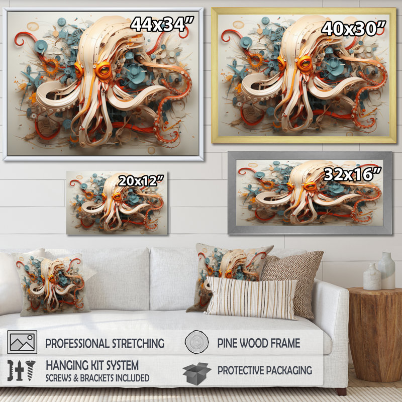 Calmar énigmatique céphalopode géométrique II - animaux, reproduction d'art sur toile, H 12 po x l 20 po, Toile tendue