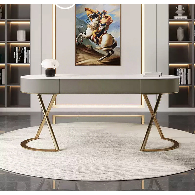 Bureau de luxe en pierre frittée clair, Blanc / Doré, H 29,53 po x l 78,74 po x P 25,59 po