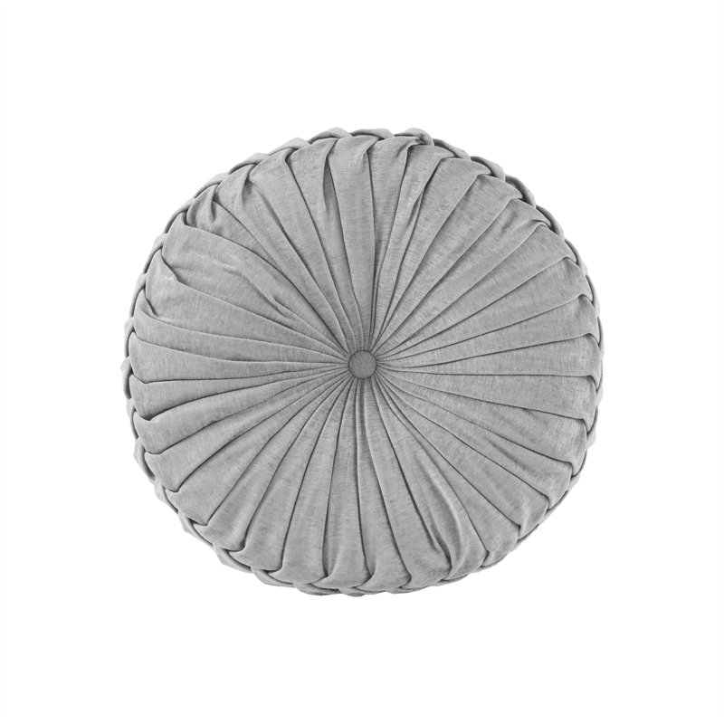 Gray Poly Chenille Round Floor Pillow with Tufted Button