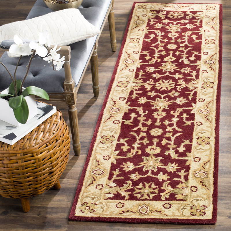 Tapis rouge / doré en laine touffeté à la main Dunbar, Tapis de couloir 2 pi 3 po x 12 pi