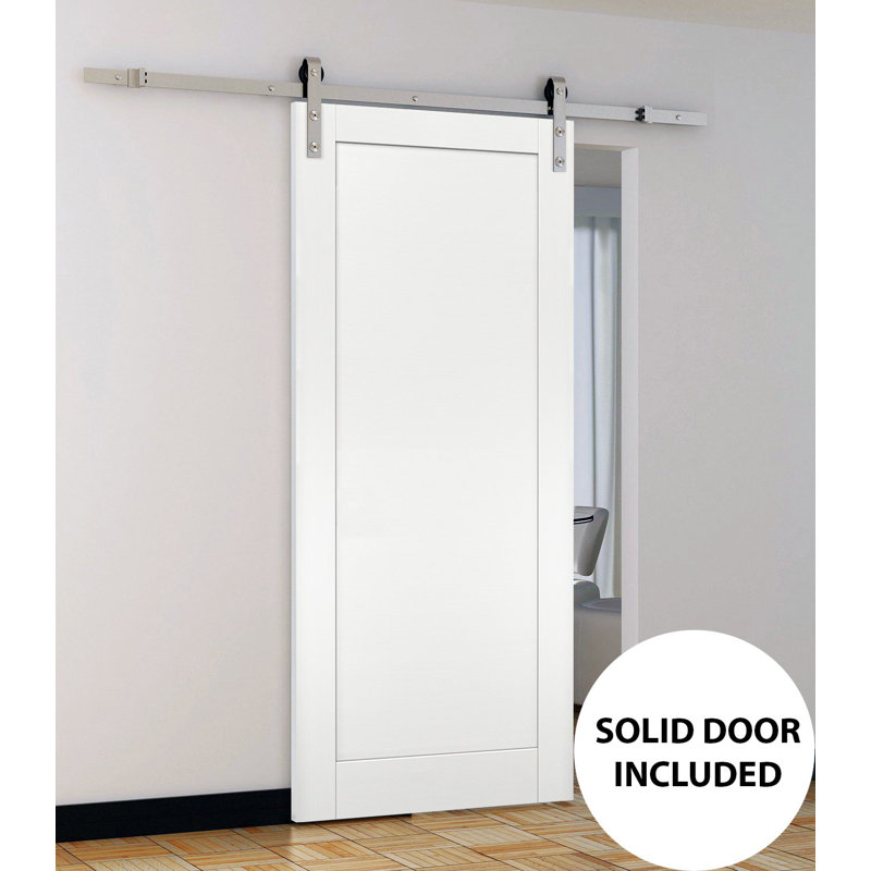 Planum Panelled Wood Barn White Door with Installation Hardware Kit, 30" x 80", Stainless Steel