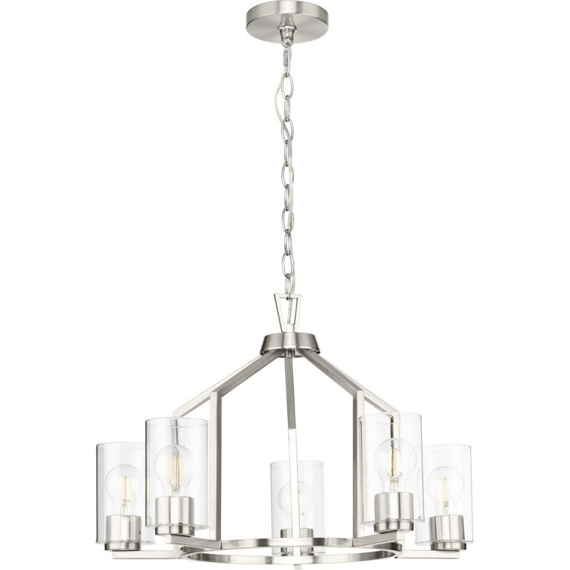 5 - Light Steel Dimmable Geometric Chandelier, Brushed Nickel