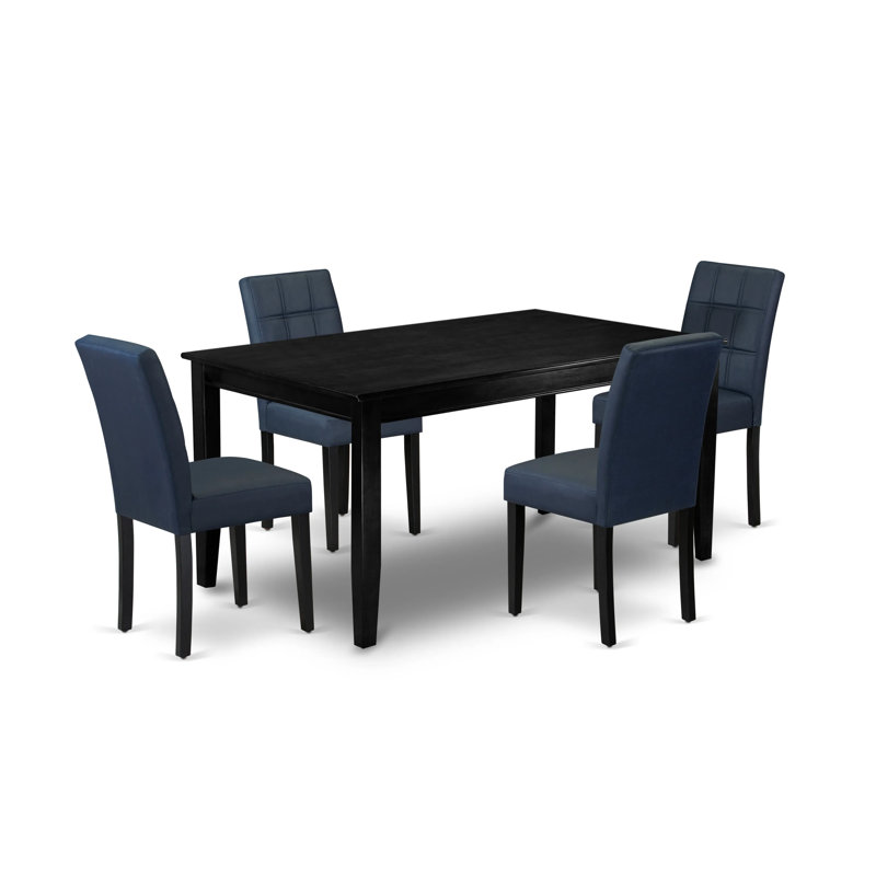 L'ensemble de table de salle à manger 5 pièces comprend une table de salle à manger et 4 chaises de cuisine Parson en polyester bleu marine foncé avec dossier élégant - finition noire