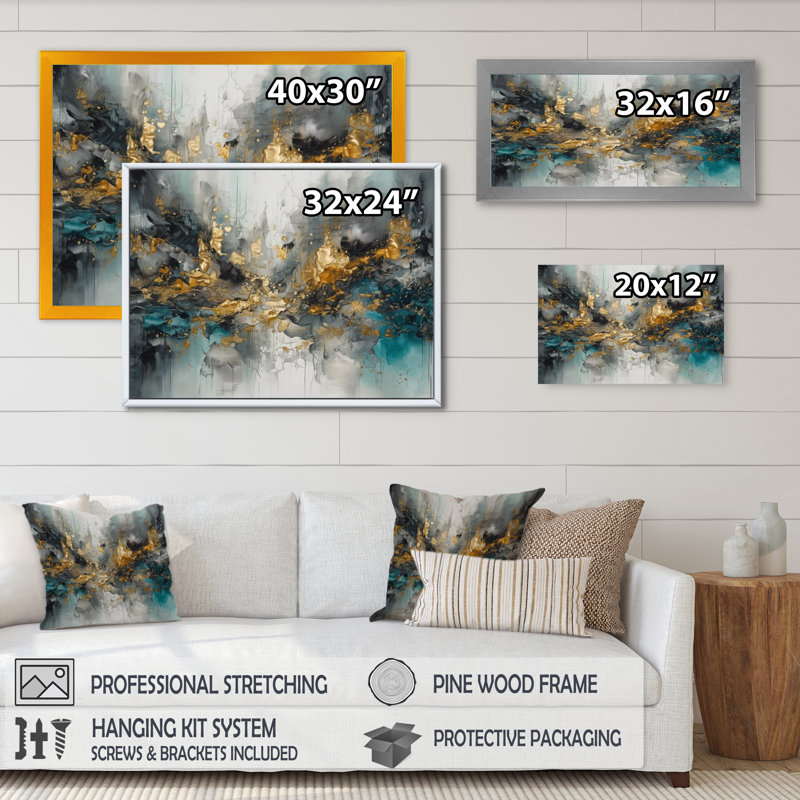Gris, or moderne abstrait contemporain I - art mural abstrait en marbre, H 34 po x l 44 po x P 1,5 po, Cadre flottant doré