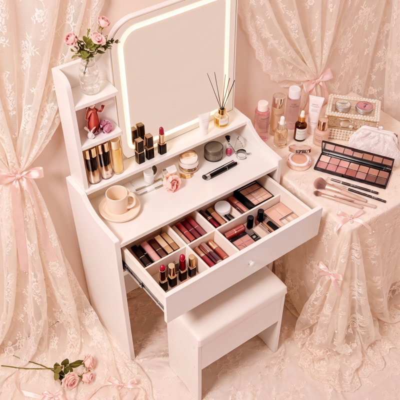 Ensemble de coiffeuse blanche avec miroir à DEL intelligent et station de charge, bureau de maquillage pour le dortoir de la chambre à coucher