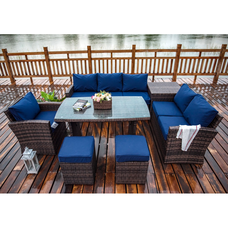 Ensemble de conversation en osier / rotin pour 6 personnes avec coussins, Bleu, Marron
