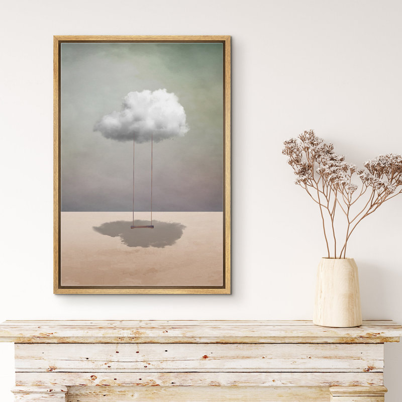 Whimsical Desert Swing On Cloud In Desert - Whimsical Surreal Pictures Neutral Framed Canvas Painting Print Wall Art, Natural