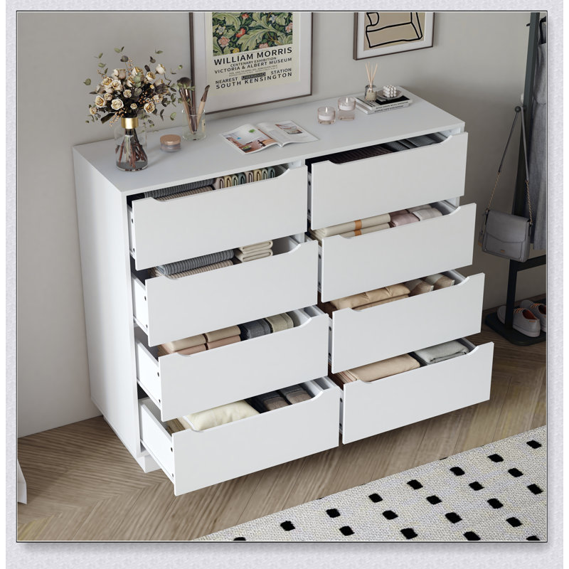 Commode en bois blanc avec 8 tiroirs spacieux, parfaite pour le rangement dans la chambre à coucher et le salon, avec rangement de grande capacité de 47,2 po de largeur