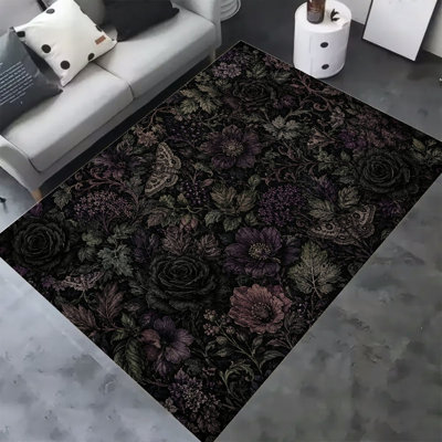 Dark Floral Leaves Moths Gothic Soft Fluffy Velvet Area Rug for Living Room Bedroom, Non-Slip Washable Carpet, Chic Minimalist Home Decor 6.6x9.8ft