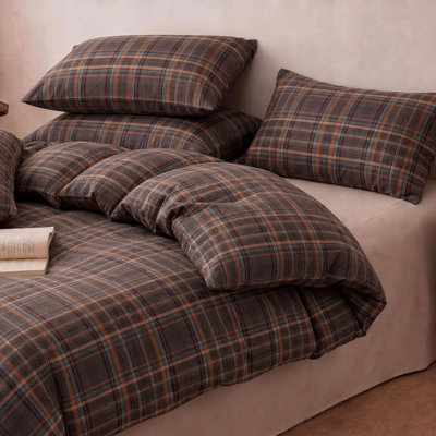 100% Cotton Vintage Plaid Duvet Cover Queen Size - Dark Gray and Burnt Orange Checkered Pattern Duvet Cover Set with Zipper Closure, 3 Pieces Soft & Breathable Bedding Set for All Seasons