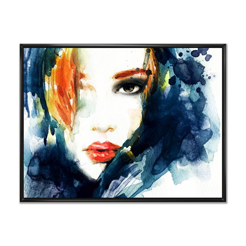«Blue Ink Fashion Portrait» - art mural sur toile Glam, H 34 po x l 44 po x P 1,5 po, Cadre flottant noir