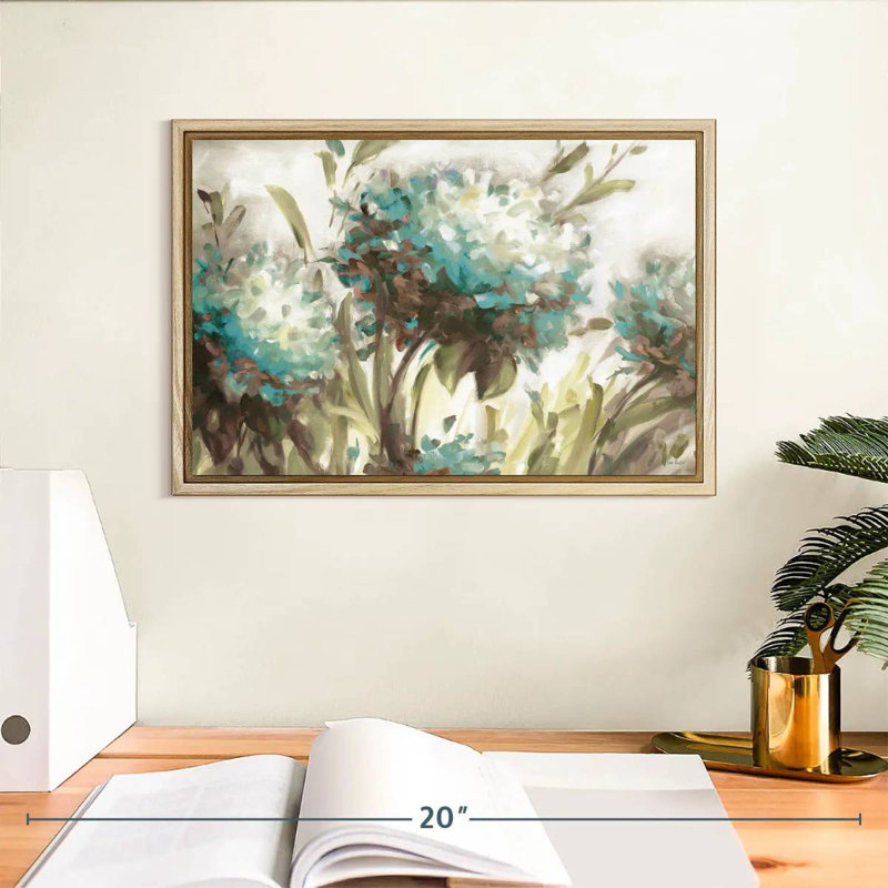 Hydrangea Field Neutral, 13" X 9", Floating Frame Natural Wood