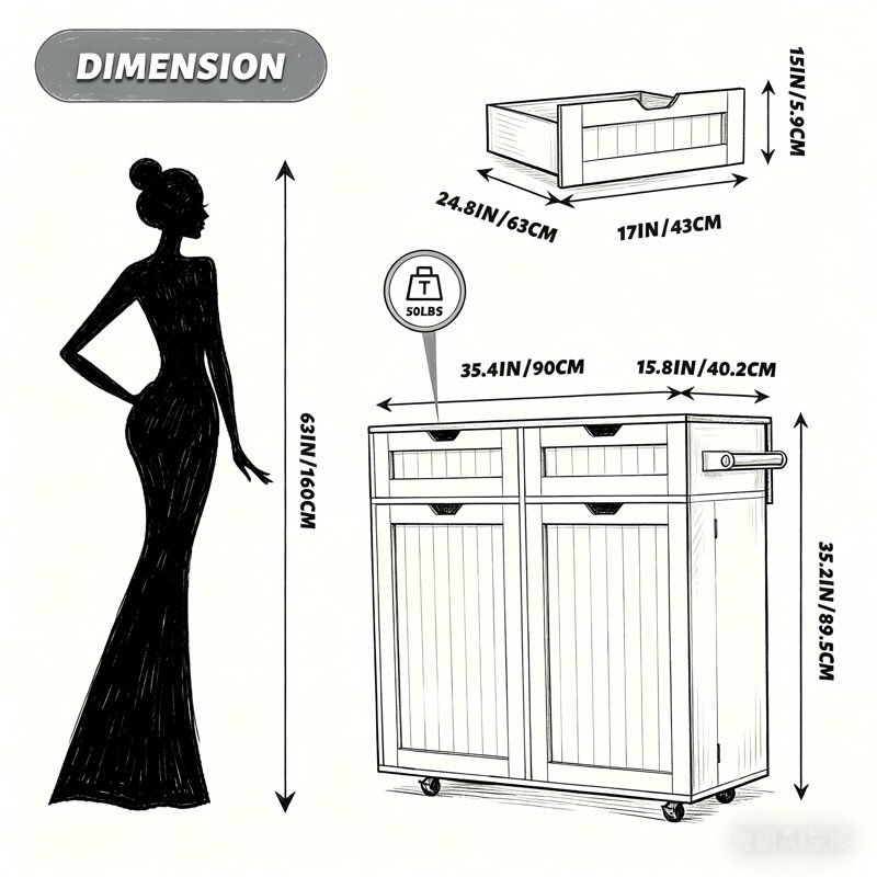 35.4" Kitchen Island with Drop Leaf & Tilt-Out Trash Cabinet, Rolling Cart with Lockable Casters for Small Kitchen Organization