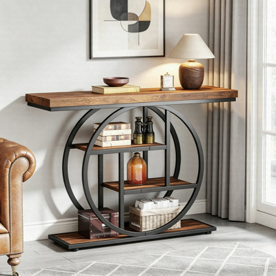 41.3" Industrial Console Table, 4-Tier Sofa Table With Circular Metal Frame, Narrow Entryway Table For Hallway Living Room