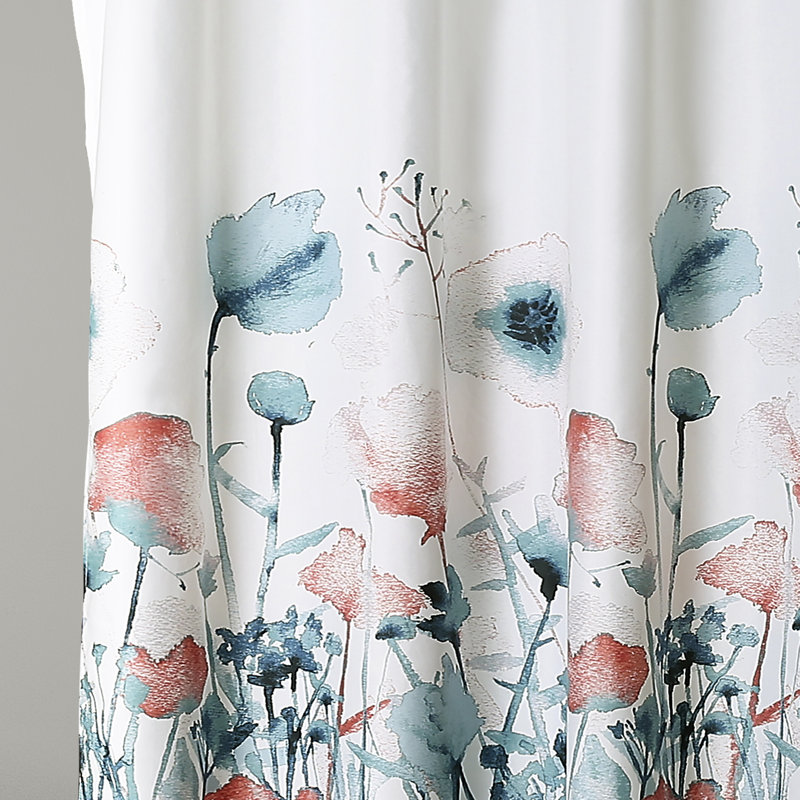Boho-Chic Blue and Coral Floral Fabric Shower Curtain, 72x72