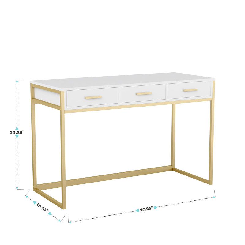 Huddleston Martha Stewart 3 Drawer Home Office Desk with Metal Frame and Hardware, White/Polished Brass