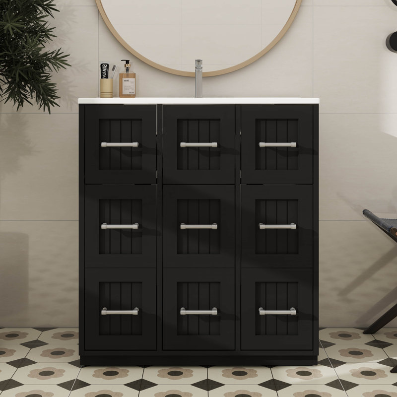 Armoire de salle de bain 30 po avec lavabo encastré et tiroirs, Noir