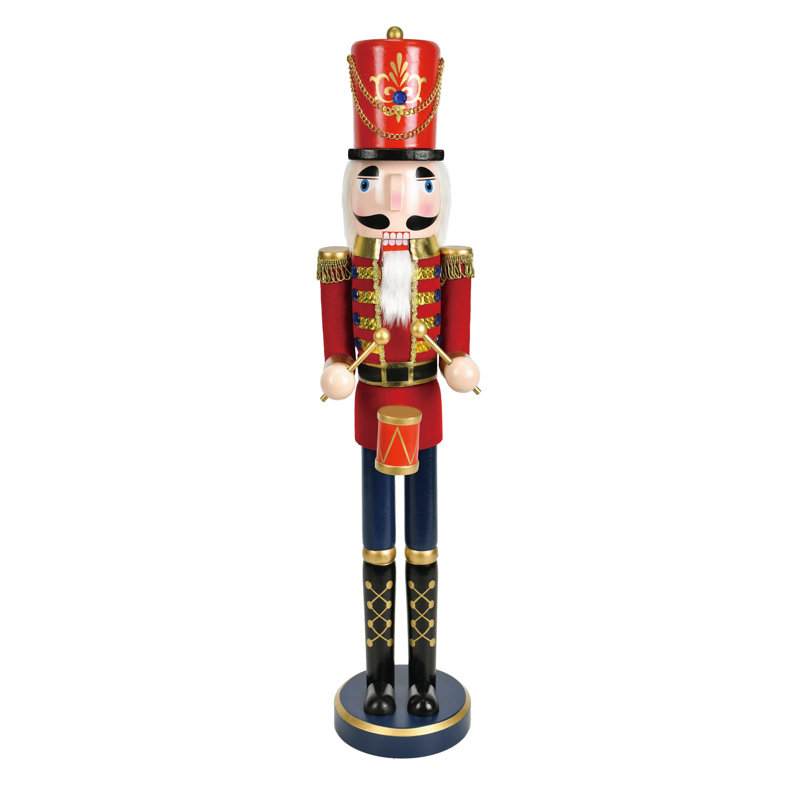 Handmade Wood Nutcracker Drummer Soldier Statue, 36" H x 7.5" W x 8.6" D