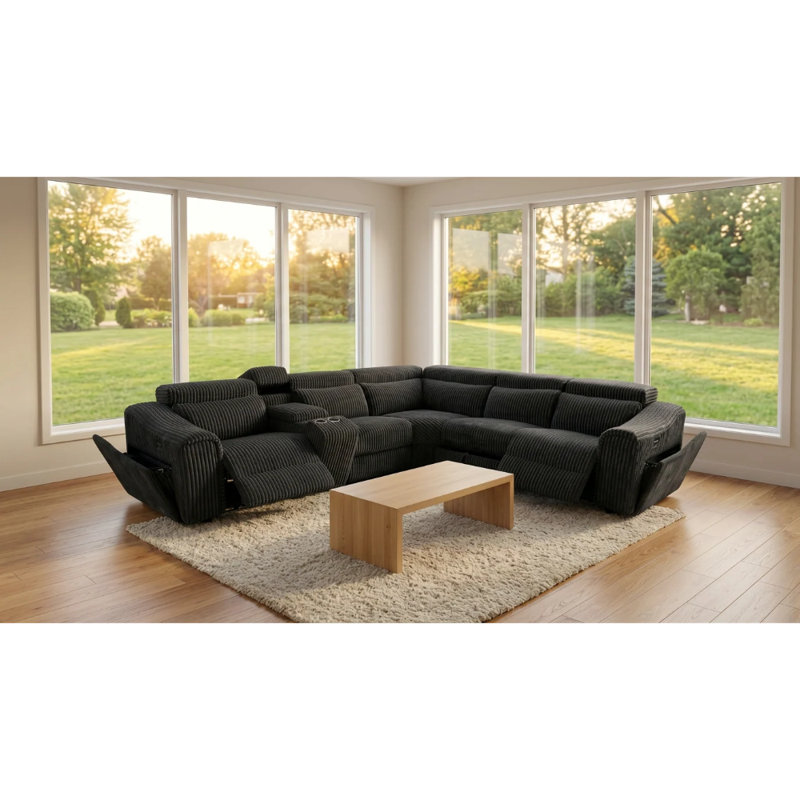 Canapé modulaire inclinable électrique 6 pièces Yash, Velours côtelé noir de qualité supérieure
