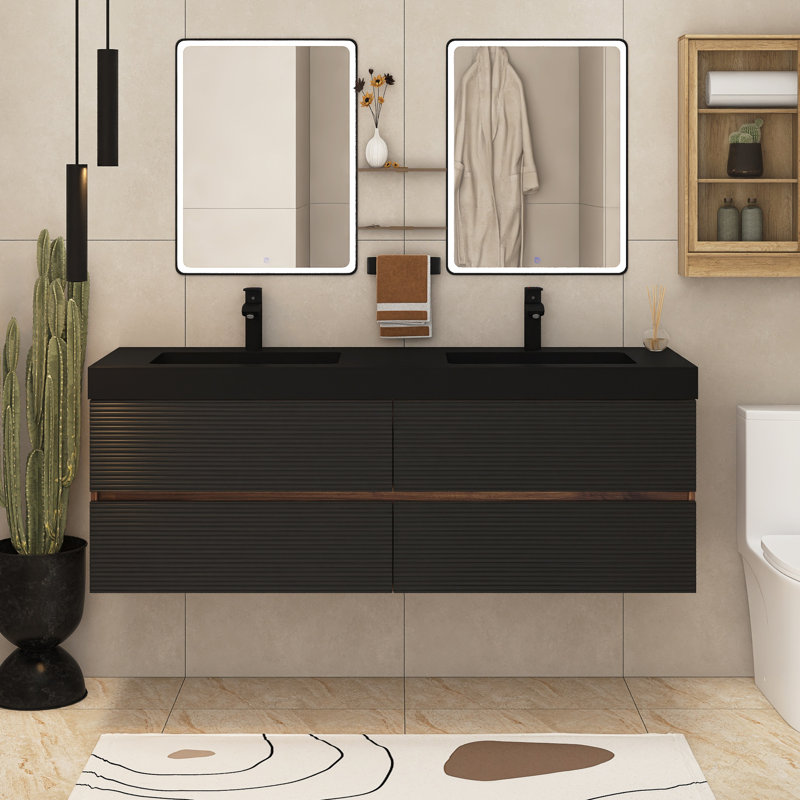 Ensemble de meuble-lavabo double 60 po avec comptoir en quartz 60 po, Noir/noyer, 60"