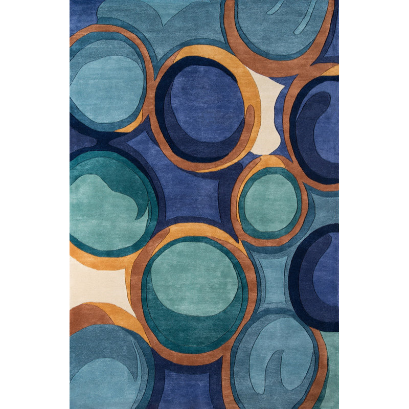 Tapis bleu / bleu sarcelle / orange en laine touffeté à la main Ayano, Rectangle 5 pi 3 po x 8 pi