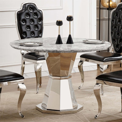 Table de salle à manger ronde de 47 po à motif de marbre, table de salle à manger moderne à base en métal argenté, table seulement