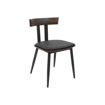 Chaise d'intérieur en métal noir avec dossier en bois d'orme noyer et siège en vinyle noir, 17 lb
