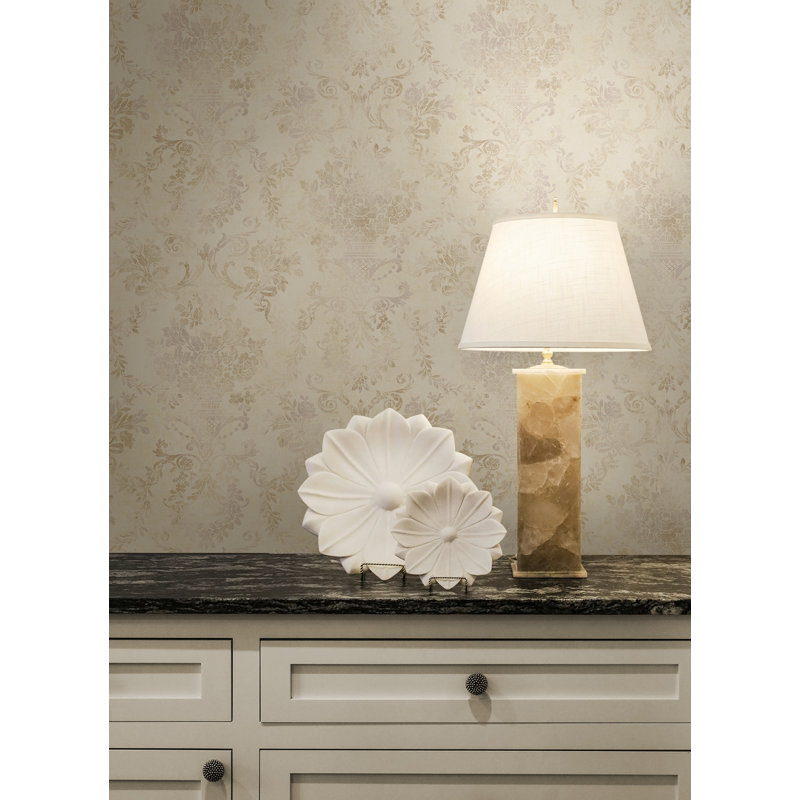  Papier peint à motif damas Bromgrove, Albâtre / brume lavande
