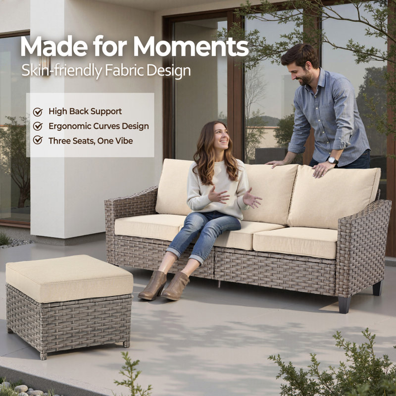 Ensemble de conversation d'extérieur en rotin 7 personnes avec table de foyer, fauteuils et repose-pieds Harbin, Beige