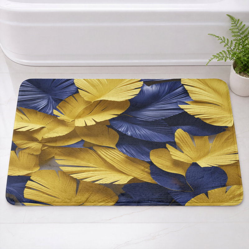 Tapis de bain texturé à feuilles de palmier, L 34 po x L 21 po, Bleu foncé / jaune moyen