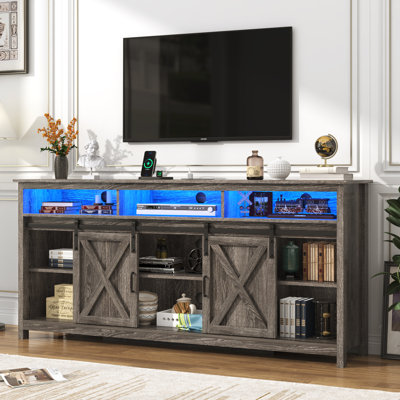 Wooden Farmhouse Entertainment Center For 80/85 Inch Tv,Double Layer Storage Farmhouse Tv Stand,Double-Row Sockets With Wood Sliding Barn Door Tv Stan by Gracie Oaks